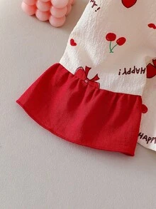 少女家居服 - 白色红色樱桃蝴蝶结印花翻领家居服套装，樱桃蝴蝶结字母印花设计，白色红色甜美翻领纽扣长袖上衣+裤子两件套，社交媒体风格甜美2026新年假日必备少女翻领家居服套装 - 杏色 - 查看 5