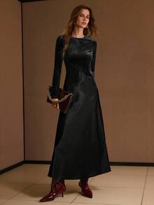 MOTF PREMIUM VELVET & SATIN PATCHWORK SPLIT HEM DRESS - Black - View 4