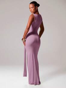 MUSERA 斜领系带垂褶修身无袖长款连衣裙，适合伊比沙岛度假、春夏音乐节、锐舞派对、海滩派对、浪漫舞会、毕业典礼、优雅生日派对、婚礼宾客等场合。 - 紫色 - 查看 3