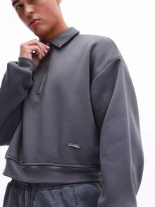 SUMWON Men's Collared Half Zip Pullover Sweatshirt Casual Long Sleeve Quarter Zip Streetwear Autumn Winter Layering Essential - Dark Grey - View 4