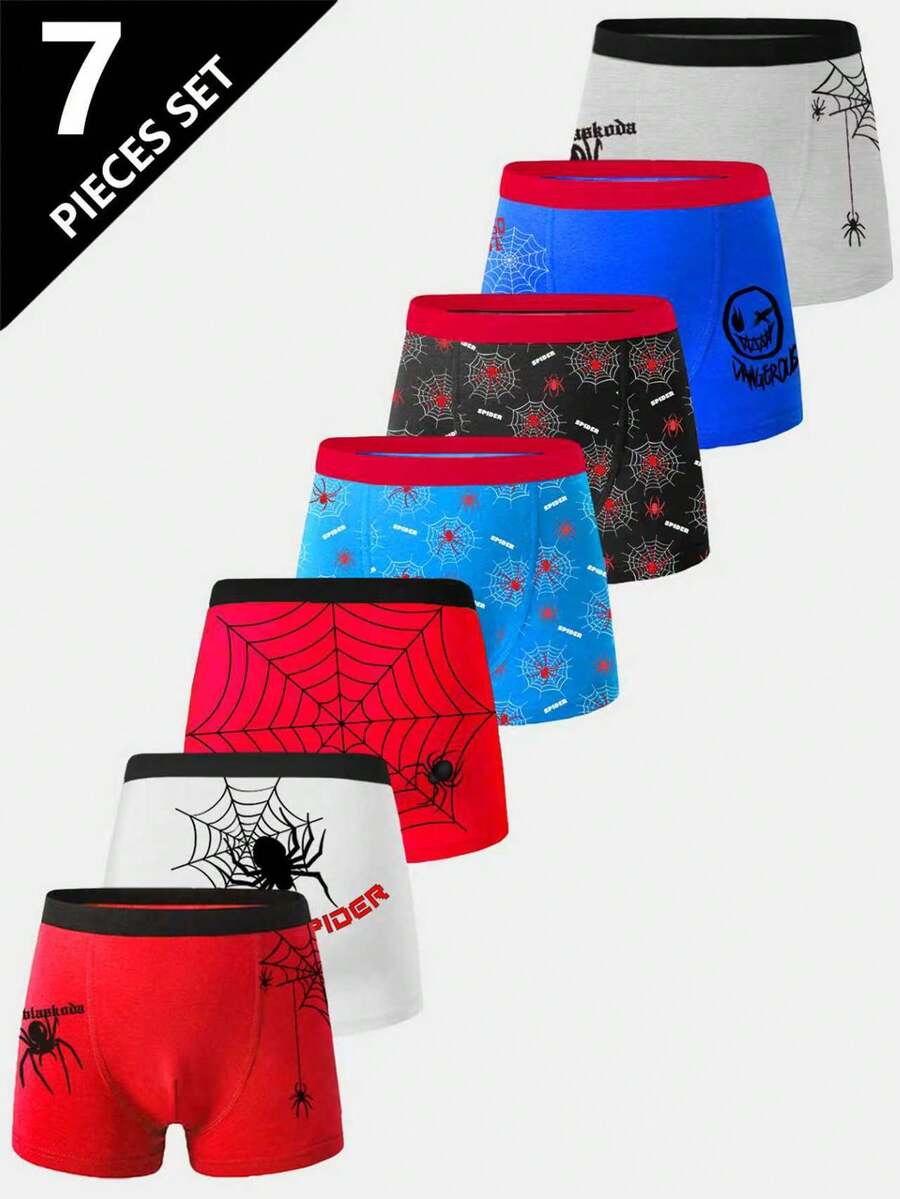 Tween Boys Trunks-7 Piece Pack Boxer Briefs Spider Web Print Halloween Theme Elastic Waistband Stretch Fit Breathable Soft Red Blue Black White Gray All Season Everyday Play School Holiday Gift New Year 2026 Essential - Multicolor - View 1