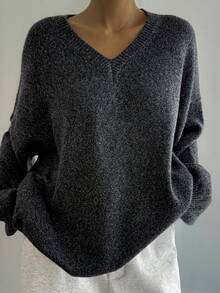 DAZY 女士V领宽松灰色长袖休闲毛衣 - 深灰色 - 查看 4