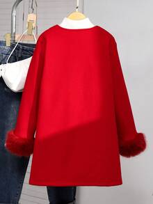 Elegant & Simple Wool Coat For Tween Girls, With Fur Cuffs, Pearl Decorated Buttons, Bow Decor On Chest, Suitable For School, Commuting, Outing, Matching With Long Sleeve Sweater, Pants, Skirt - Red - View 2