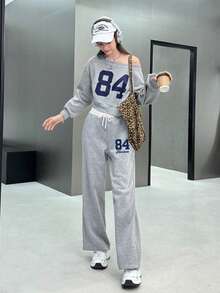 INAWLY 2pcs Women's Casual Asymmetric Collar Number Print Sweatshirt And Sweatpants Set, Spring/Fall - Multicolor - View 4