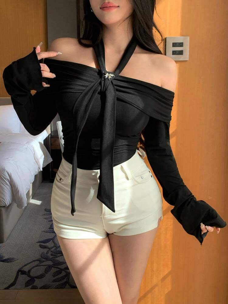 Off Shoulder Flare Sleeve T-Shirt For Women, Elegant Slim Fit Layering Top, Autumn Long Sleeve Spring