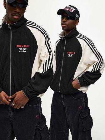 Street Life Men's Autumn Letter & Striped Long Sleeve Zip-Up Casual Jacket