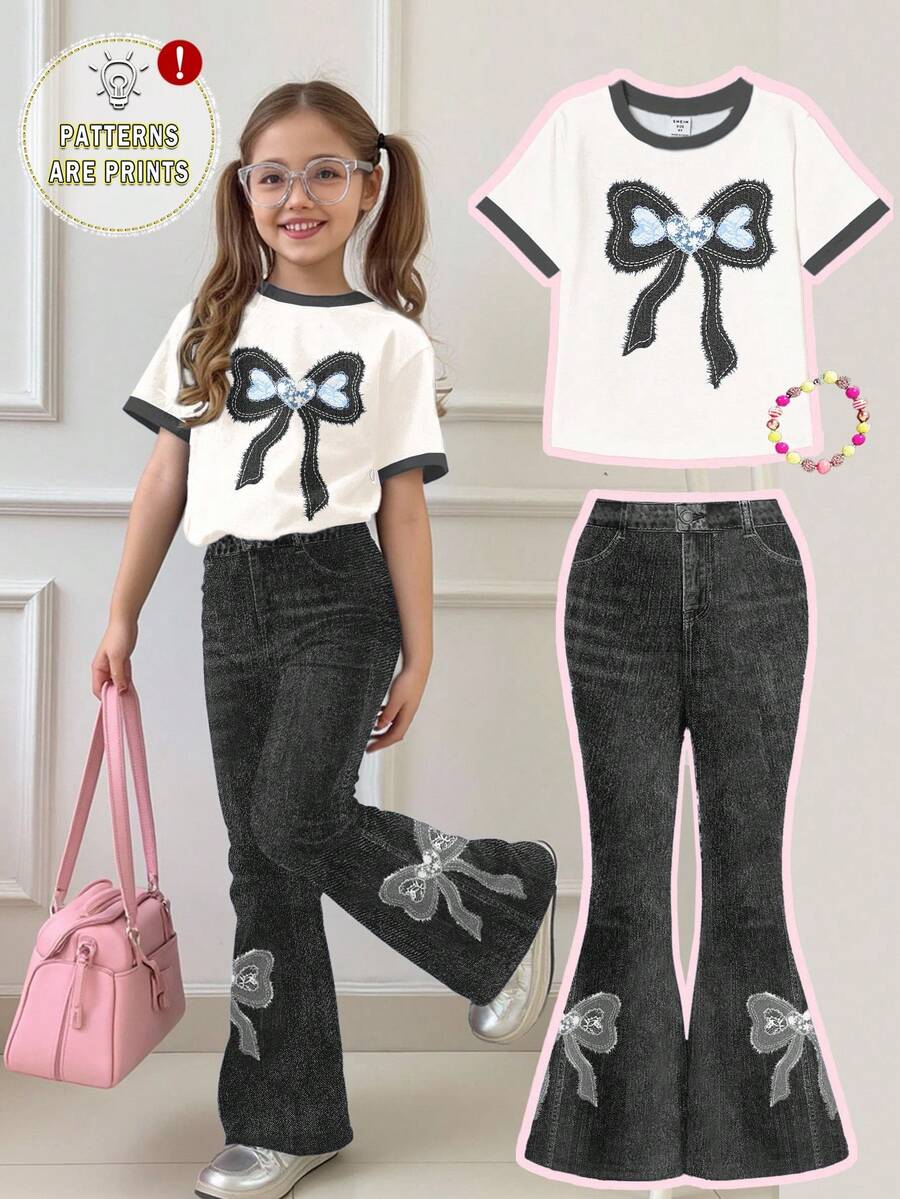 Bộ 2 món cho bé gái tuổi teen, áo thun ngắn tay cổ tròn phối ren và quần ống loe ôm sát, trang phục mùa hè, thoải mái dễ chịu, lớp áo mùa thu cho trẻ em, phong cách thời trang trẻ em, trang phục thường ngày, quần áo in hình cho trẻ em, chuẩn bị đi học, trang phục mùa thu, lễ hội trường. - trắng - Xem 1