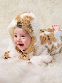 SHEIN Bộ đồ liền thân có mũ trùm đầu mềm mại họa tiết hoạt hình dễ thương cho bé gái sơ sinh, mùa thu/đông - Nhiều màu - Xem 4