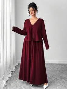 Elenzga 大码女式优雅长袖纯色外套+A字收腰吊带连衣裙两件套，针织弹力两件套，适合日常通勤、派对、夜店等场合 - 酒紅色 - 查看 3