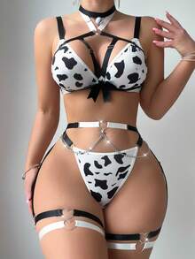 Cow Print Hollow Out Chain Detail Sexy Lingerie Set - Black and White - View 3