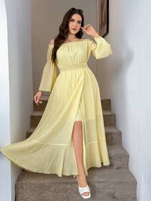 SHEIN LUNE Plus Size Women's Square Neck Long Sleeve Side Slit Hem Fashion DressYellow Maxi Dress Brown Dress With Slit Coffee Brown Dress Boho Maxi Dress High Slit Casual Dress, Autumn/Winter Bohemian Style,Beach Dress Sundress,Holiday Outfits Fall Clothes Back To School Night Out Long Sleeve Maxi Dress Maxi Dress With Long Sleeves Long Boho Dress Maxi Dress With Sleeves, Suitable For Spring/Autumn, Vacation & Dating Wedding Guest Dress Women Birthday Dresses For Women Elegant Solid Color Off Shoulder Wrap Dress, Suitable For Commuting Vacation Dress Woman Beach Dress For Woman Pale Yellow Dress Off Shoulder Summer Dress Smocked Women Dress Off Shoulder Dress Yellow Summer Dress Valentine's Day Id AI-Adha Smocked Dress Off Shoulder Smocked Dress Love And Lemonade Dress - Pale Yellow - View 7