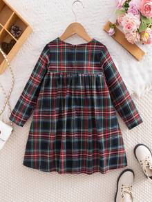 SHEIN Young Girls' French Elegant Plaid Patchwork Woven Fitted Long Sleeve Dress, Autumn/Winter,Christmas - Black - View 2