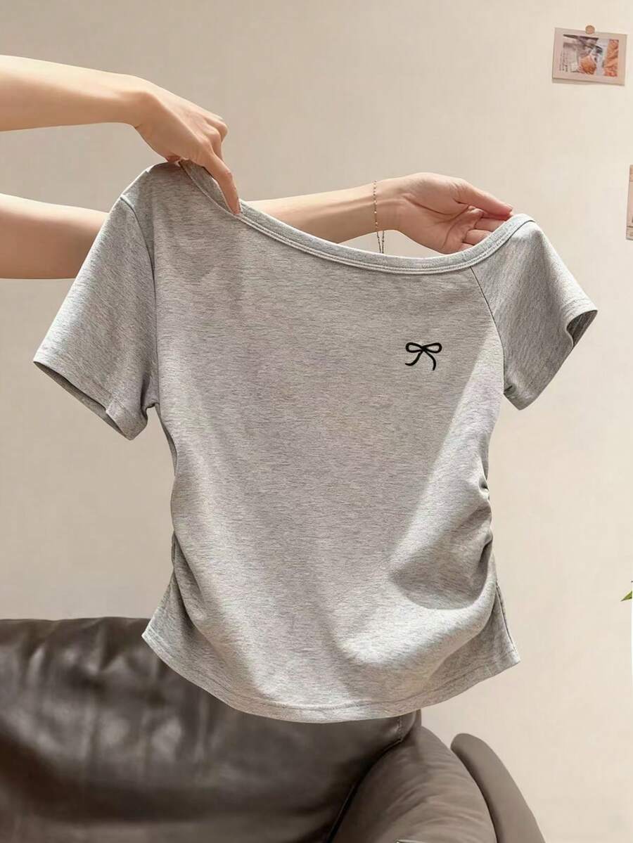 INAWLY 女式夏季新款性感不对称肩部蝴蝶结刺绣荷叶边修身T恤