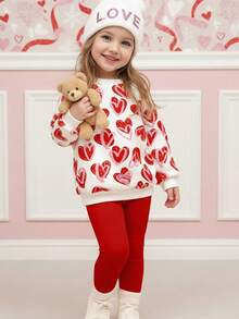 SHEIN Pink & Red Cute Hand-Drawn Cartoon Heart Print Sweatshirt & Leggings Set, Cozy & Soft, Suitable For Valentine's Day, Holidays, Young Girls, Casual Everyday & Home Wear, Autumn/Winter - Multicolor - View 4