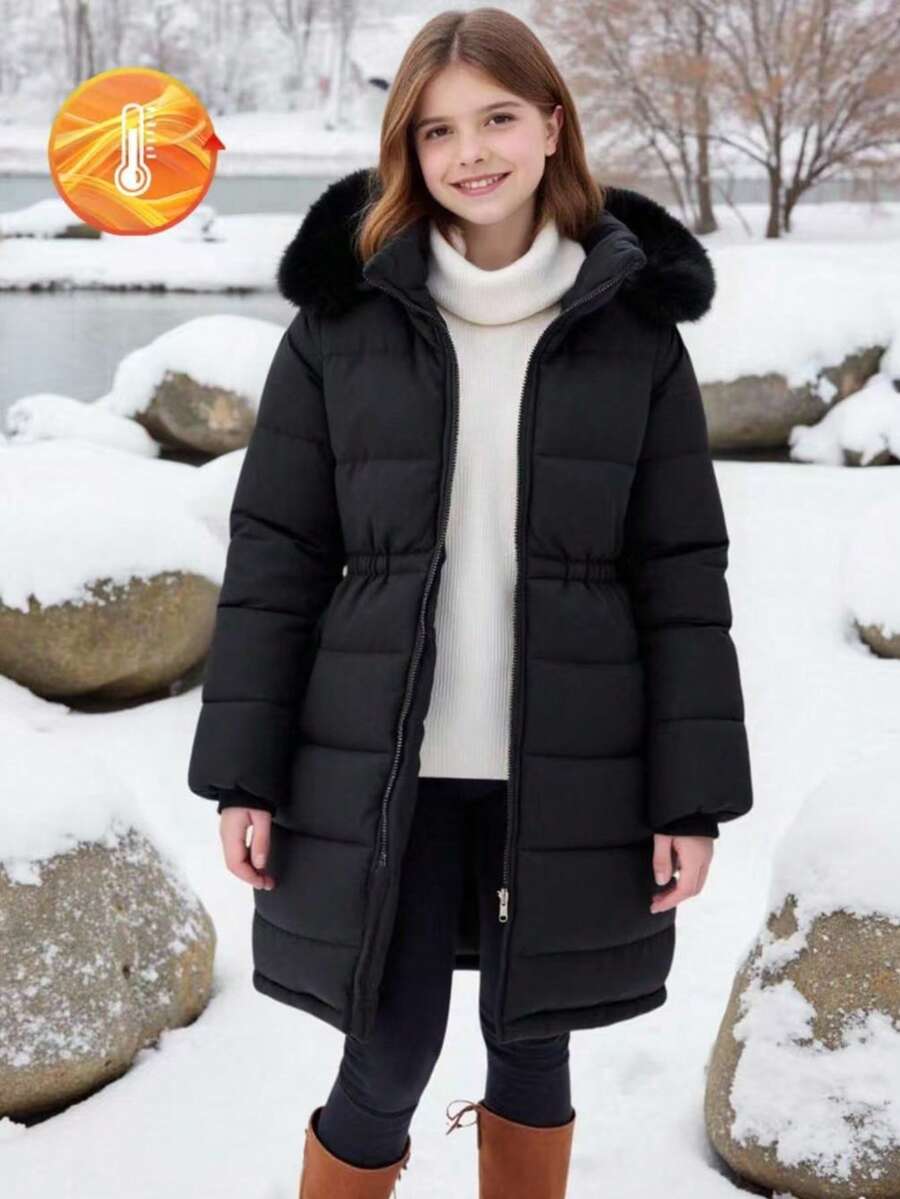 Sparklyn 1件女童休闲连帽绗缝加厚拉链外套 - 黑色 - 查看 1