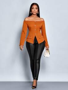 SOLERSUN 女士秋冬纯色优雅时尚日常休闲通勤复古露肩金属纽扣衬衫圣诞派对新年女装 - 鏽棕色 - 查看 5