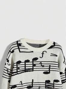 ROMWE MEN Street Life Men's Casual Drop Shoulder Crew Neck Musical Note Jacquard Knit Sweater - Black and White - View 3