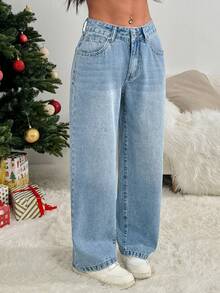 SHEIN PETITE 女士休闲水洗低腰直筒牛仔裤 - 中等水洗藍 - 查看 5