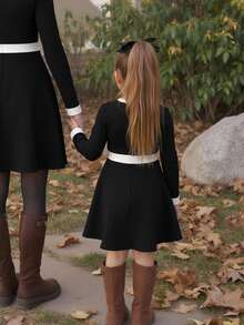 Emery Rose Kids Emery Rose Kids 少女休闲通勤优雅黑白撞色纽扣装饰荷叶边修身长袖连衣裙，秋冬16岁中长款女童连衣裙，少女优雅长袖连衣裙 - 黑與白 - 查看 2