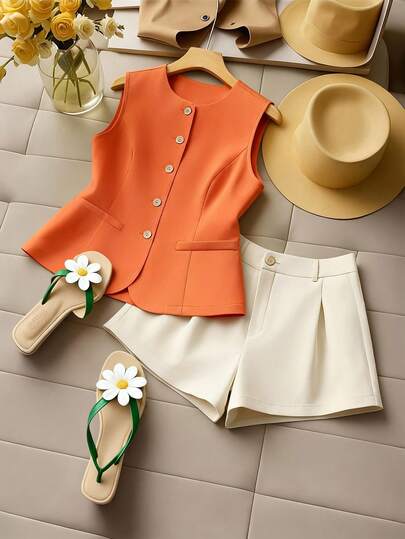 GlowEve CURVE Plus Size Women's Fashion Vest & Shorts Two Pieces Suit, Contrast Color Shirt, Orange/Apricot Waistcoat With Button, Fabric Texture Striped Pleated Collar & Cuff Design Set, Suitable For Back To School, Graduation, Valentine's Day, Music Festival, Mother's Day, Halloween, Thanksgiving, Easter, National Day, Gala, Date Party, Wedding Season, Outdoor Excursion Primavera A Estate Spring To Summer Primavera A Verano