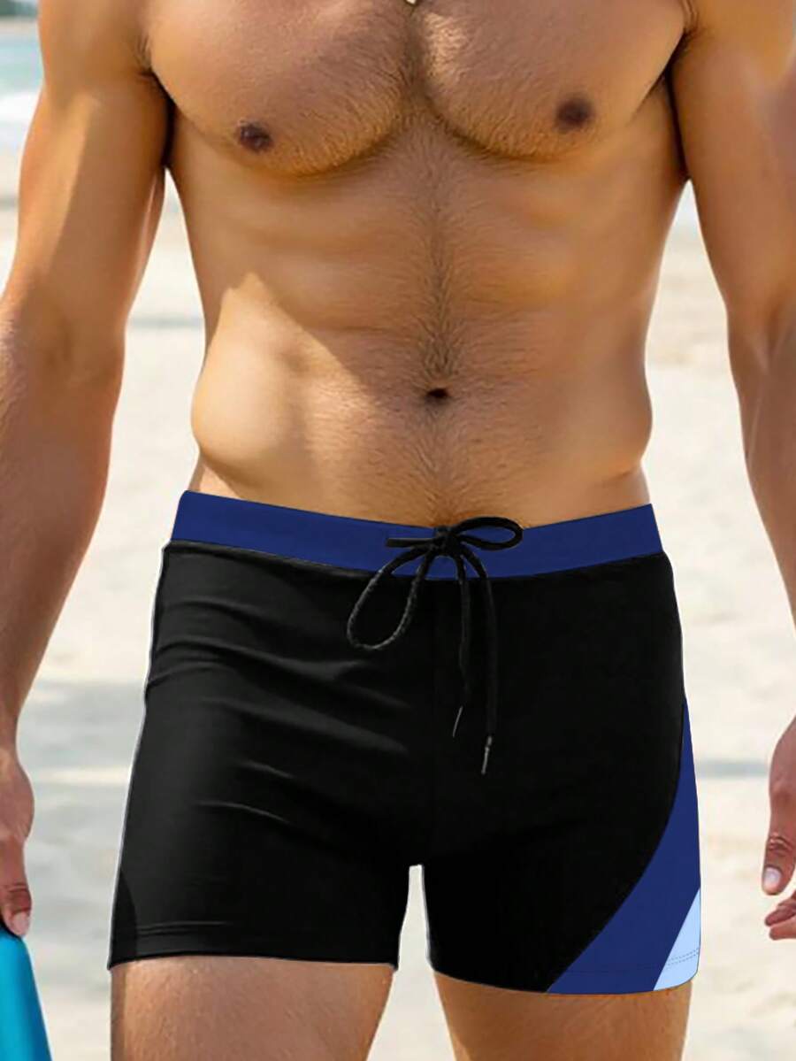 Manfinity Swimmode Men's Summer Beach Vacation Contrast Color Drawstring Waist Swim Trunks Shorts - Black - View 1