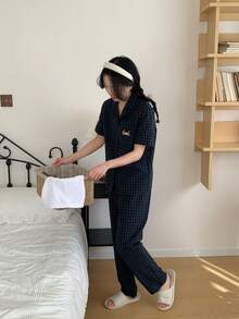 Women's Simple Fashion Classic Plaid Embroidered Dog Short Sleeve Top And Pants 2 Pieces Pajama Set Checkered Pajama Set 2 Piece Pj Set Button Up Pajama Set Pyjama Women Cute Pj Set