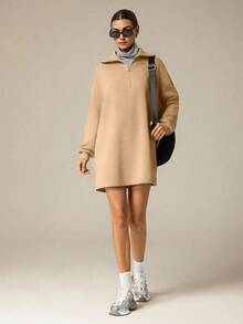 Hanevo 秋冬新款休闲街头极简通勤懒人返校高领拉链半开衩套头长袖H型宽松卫衣&女士短裤套装 - 棕色 - 查看 6