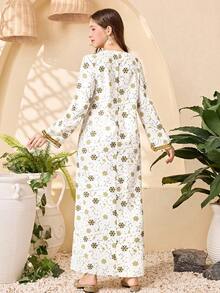 SHEIN Váy suông rộng họa tiết hoa kèm ruy băng vàng cho bé gái tuổi teen - Vàng - Xem 2