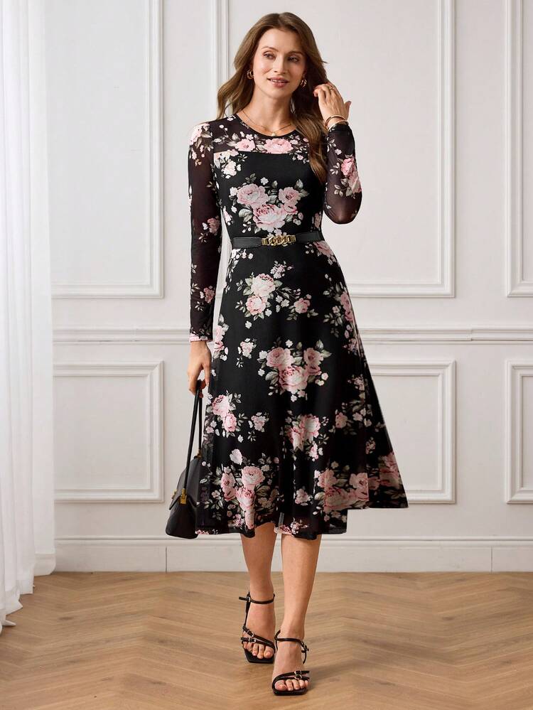 Vestido de línea A con cuello redondo y estampado floral elegante para mujer, otoño