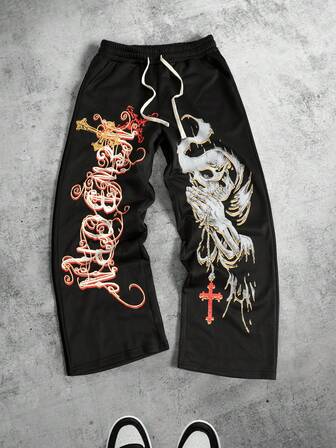 Street Life Pantalones de chándal de pierna ancha con ajuste holgado y cordón en la cintura con estampado de calavera para hombre