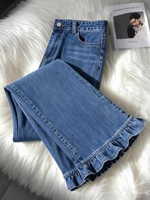 GlowEve Women's Fashion Casual Flared Jeans With Pockets And Ruffle Hem - Blue - View 1