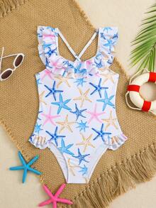 SHEIN Baju Renang Terusan Anak Perempuan Motif Bintang Laut Putih yang Lucu, Baju Renang untuk Liburan Musim Panas, Pesta Kolam Renang, dengan Hiasan Rumbai dan Tali Silang untuk Anak Perempuan Remaja. - MultiWarna - View 1