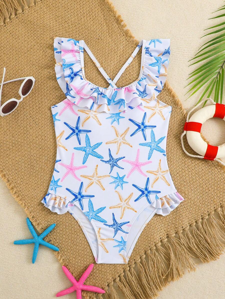 SHEIN Baju Renang Terusan Anak Perempuan Motif Bintang Laut Putih yang Lucu, Baju Renang untuk Liburan Musim Panas, Pesta Kolam Renang, dengan Hiasan Rumbai dan Tali Silang untuk Anak Perempuan Remaja. - MultiWarna - View 1
