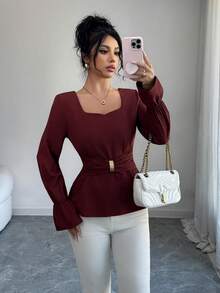 SHEIN Clasi Women's Elegant Brown Top, Fashion Metal Decor Long Sleeve Blouse, Suitable For Christmas, New Year, Thanksgiving, Autumn/Winter - Brown - View 6