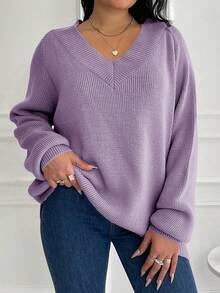 EURMUSE Plus Size Women's Solid V-Neck Long Sleeve Loose Casual Pullover Sweater - Lilac Purple - View 1