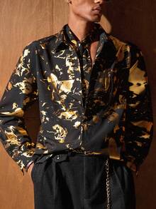 AKNOTIC Business Casual Men's Long Sleeve Single-Breasted Pocket Fashionable Foil Shirt - Black - View 3