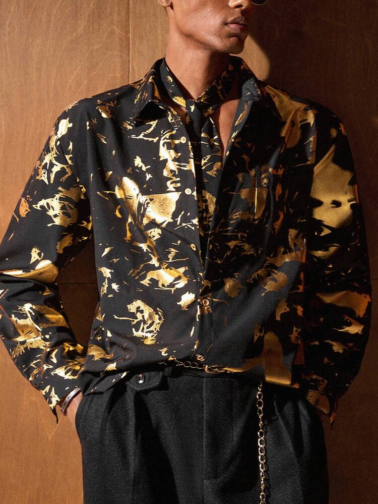 Men's Long Sleeve Single-Breasted Pocket Fashionable Foil Shirt