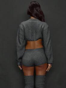 MUSERA Pull-over femme à col montant, couleur unie, manches longues, style décontracté. Coupe courte, chic, mignon, élégant pour l'hiver et la Saint-Valentin. Style Y2K - Gris foncé - Voir 2