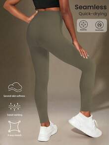 SHEIN Quần legging thể thao lưng cao liền mạch có gân cho bé gái tuổi teen - Quần legging mềm mại như làn da thứ hai, nhanh khô, thoáng khí, co giãn 4 chiều, dùng để chạy bộ, đạp xe, tập yoga, bóng chày, thường ngày, màu đen - Màu xanh Ô liu - Xem 2