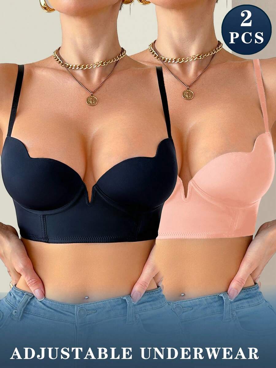 DesireSculpt 2pcs Set Of Solid Color Asymmetric Cup Design Women's Bras With Underwire - Multicolor - View 1
