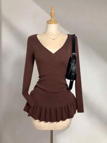 Elamini 女士时尚纯色罗纹V领短款毛衣连衣裙 - 棕色 - 查看 5