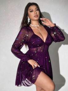 Viva Relle Đầm ôm body ngắn tay dài cổ chữ V gợi cảm cỡ lớn cho nữ dự tiệc - Màu tím - Xem 4