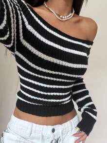 StreetHx Streetwear Women's Colorblock Off-Shoulder Beaded Slim Fit Long Sleeve Sweater, Autumn/Winter - Multicolor - View 1