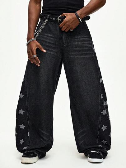 Street Life Jeans scuri da uomo con patchwork a stelle e effetto vissuto