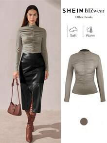 BizChic Women's Solid Color Ruched Front Mesh Fabric Blouse, Slim Fit, Versatile For Urban Commute, Business Casual, Office Wear, Elegant For Christmas, New Year Party, Black All-Match Top For Outings - Light Grey - View 2