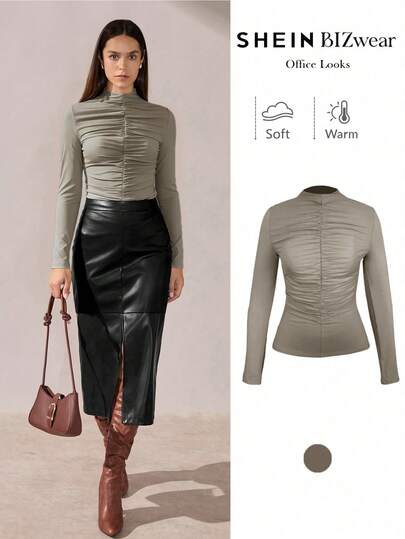 BizChic Women's Solid Color Ruched Front Mesh Fabric Blouse, Slim Fit, Versatile For Urban Commute, Business Casual, Office Wear, Elegant For Christmas, New Year Party, Black All-Match Top For Outings