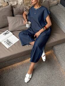 EMERY ROSE Women's Round Neck Short Sleeve Loose Fashion Casual Denim Set, Summer,Valentine's Day,Summer,Carnival,Beach,Party,Elegant Party Dress,Going Out - Blue - View 8