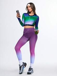 SHEIN Women's Green Autumn Athleisure Gym Gradient Long Sleeve Crop Top,Colorful Ombre Stretch Athletic Yoga Shirt,Slim Fit Workout Tee,Activewear Running - Multicolor - View 5