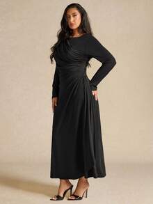 SHEIN BAE Plus Size Women's Elegant Long Sleeve Pleated Dress, Yellow, Autumn/Winter - Black - View 5