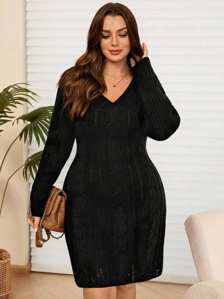 Plus Size Solid Color V-Neck Long Sleeve Knit Casual Sweater Dress,Black Dresses For Women ,Winter Dresses For Women,Women's Winter Sweater,New Year Women's Clothes,Elegant  Party Outfit,Casual Outfit For Women New Year Dress  Black Dress Maija Fall Winter 2025 Fall/Winter Party